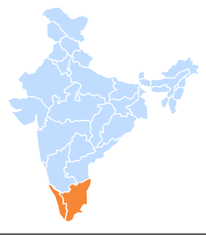 Service coverage map of STS Testing Labs in Tamil Nadu and Kerala.